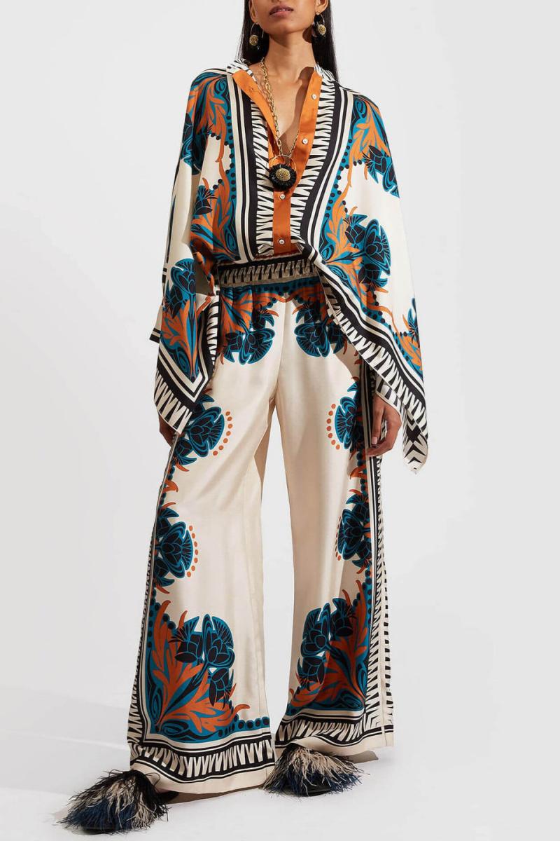Satin Floral Print Batwing Pants Set - Orange