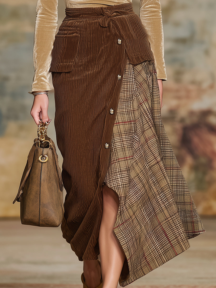 Vintage Brown Corduroy Patchwork Plaid Skirt