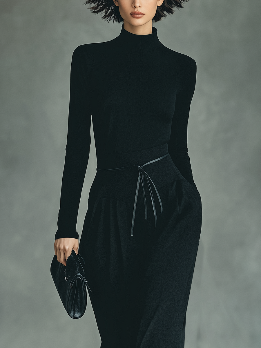 Black High-Stretch Knit Top Skirt Set