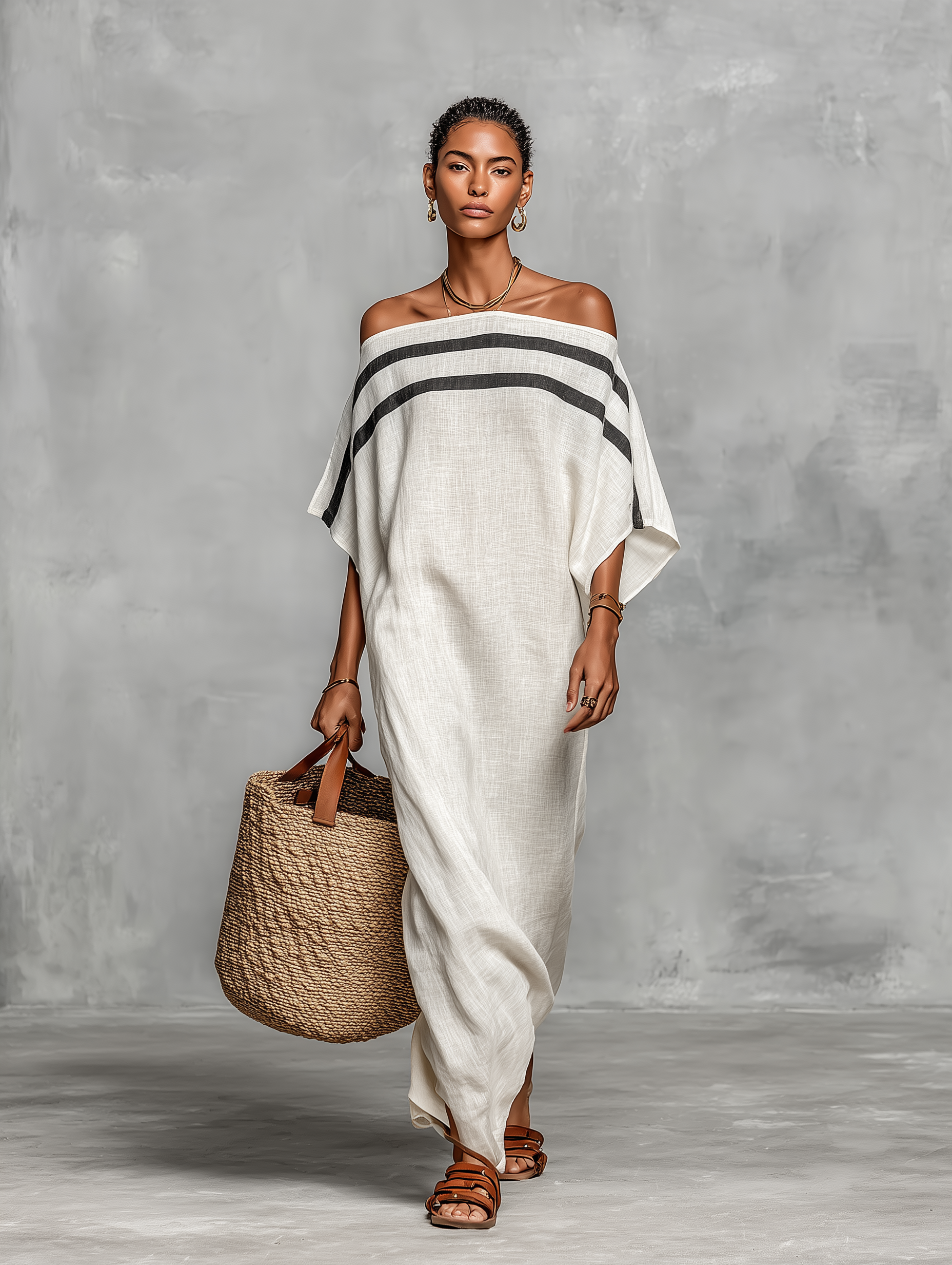 Minimalist Linen Off-Shoulder Batwing Maxi Dress