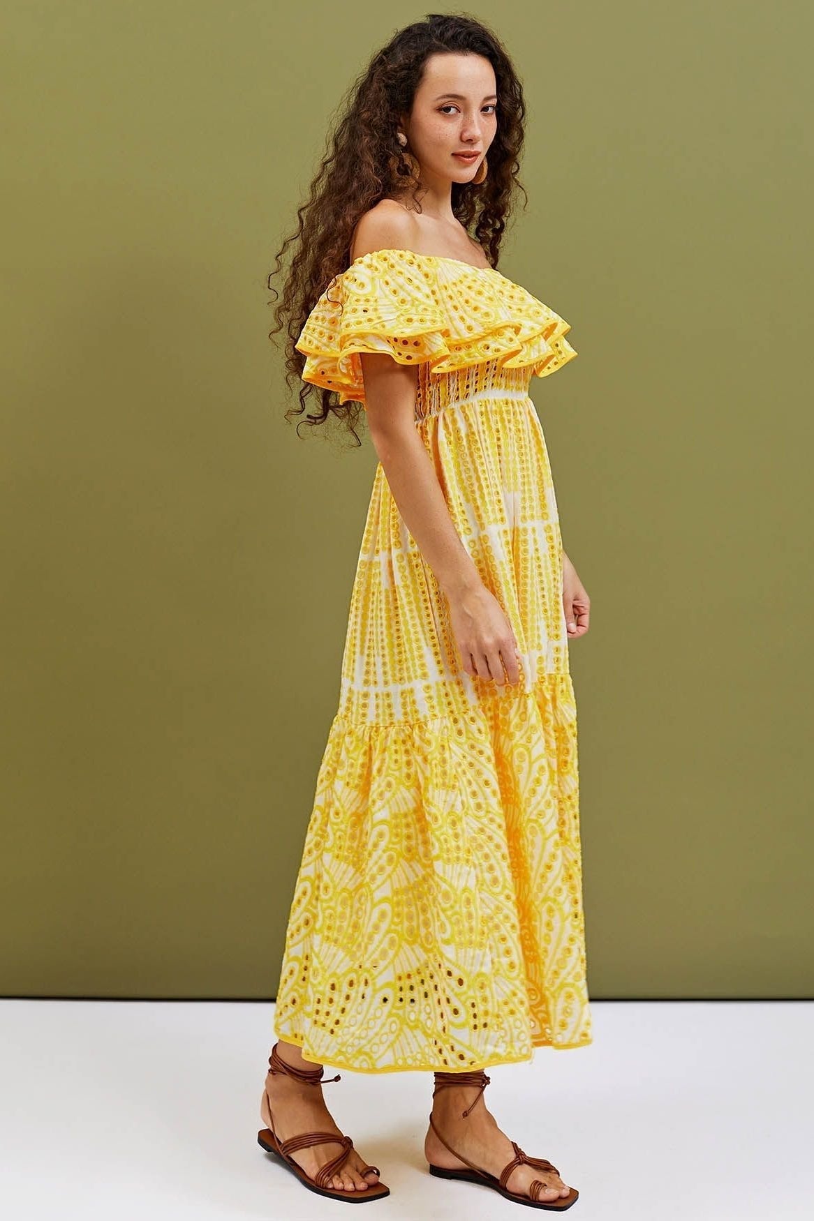 Embroidered Off-shoulder A-line Flare Midi Dress