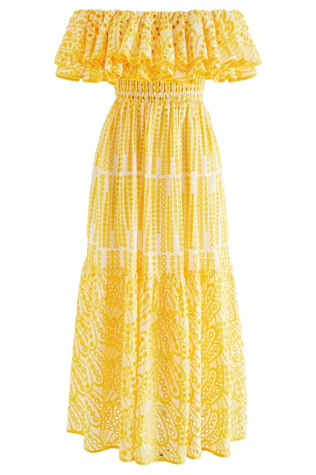 Embroidered Off-shoulder A-line Flare Midi Dress