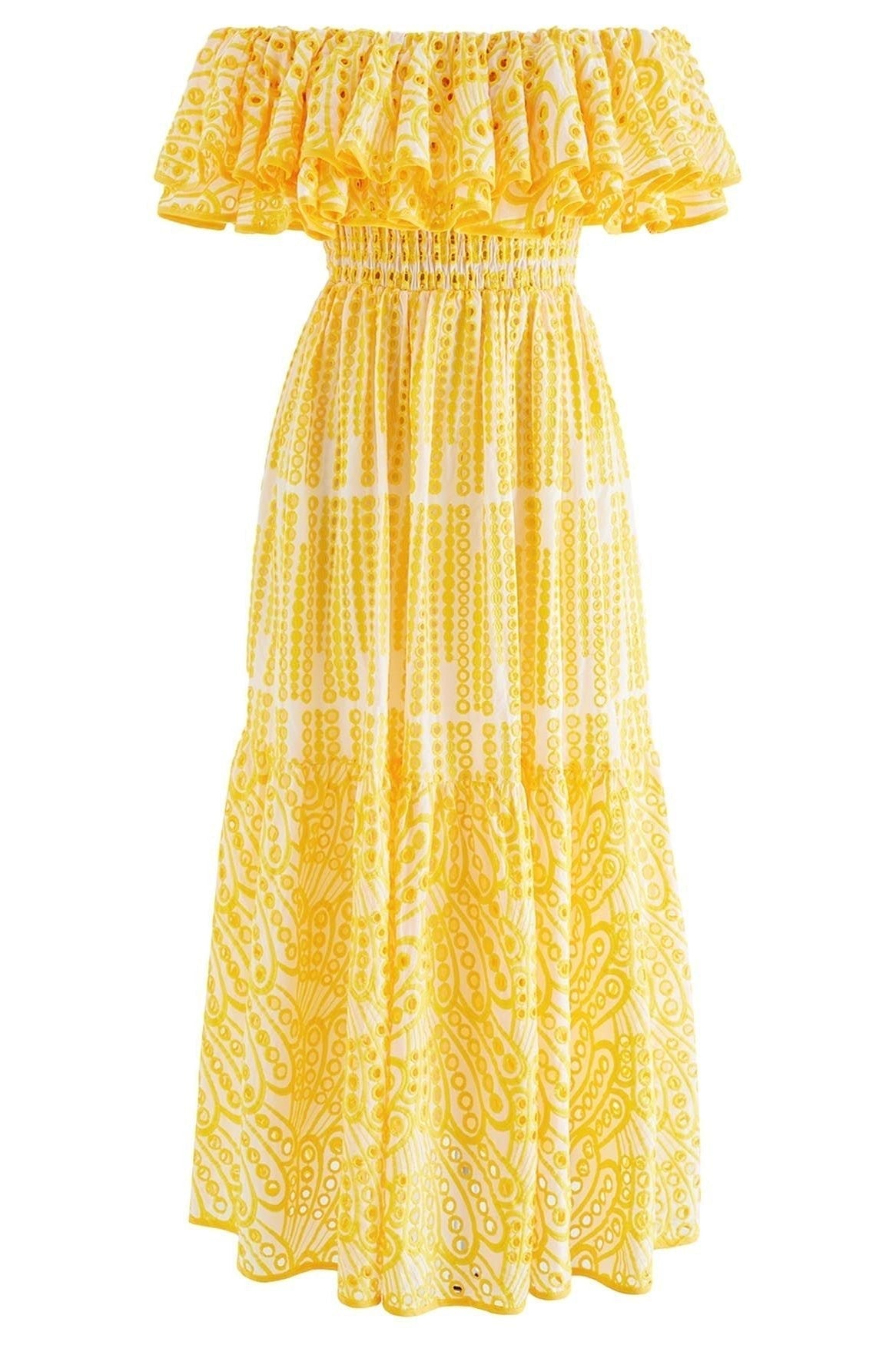 Embroidered Off-shoulder A-line Flare Midi Dress