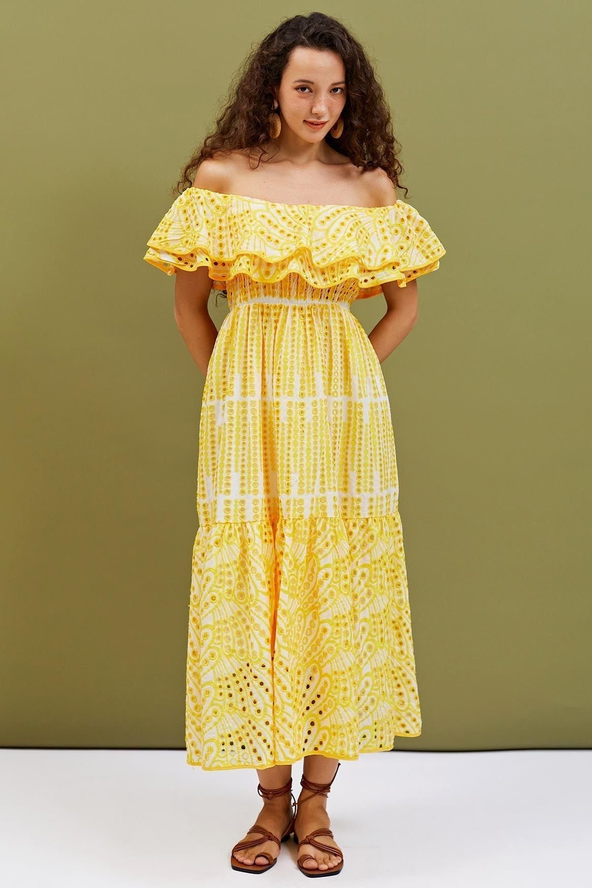 Embroidered Off-shoulder A-line Flare Midi Dress