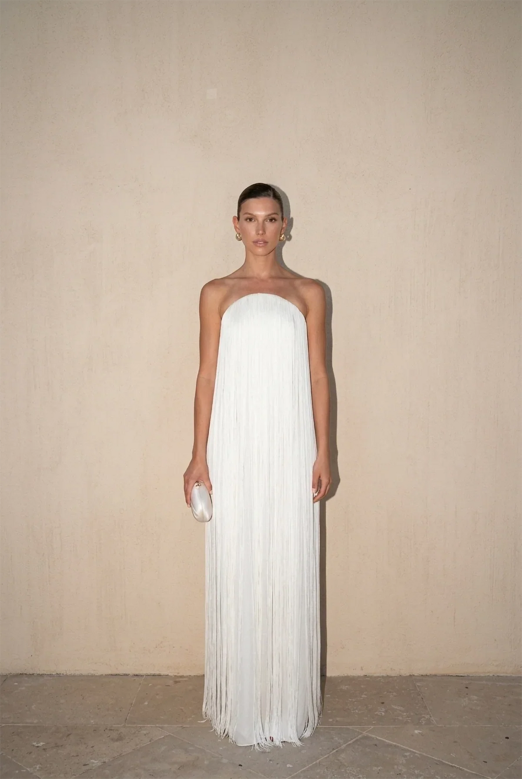 White Strapless Fringed Pleated Maxi Dress