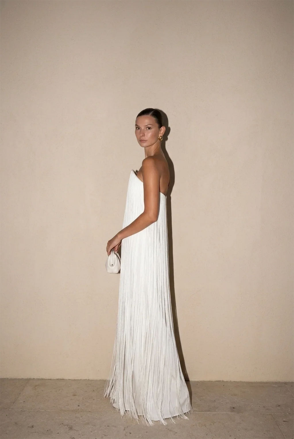 White Strapless Fringed Pleated Maxi Dress