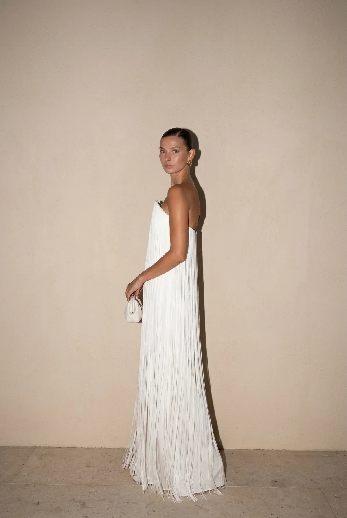 White Strapless Fringed Pleated Maxi Dress