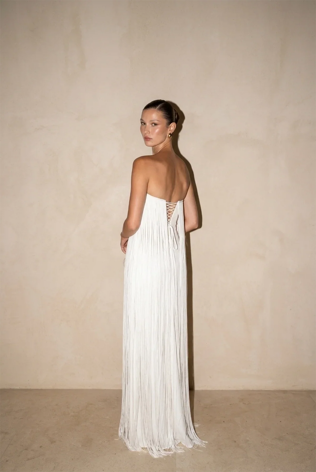 White Strapless Fringed Pleated Maxi Dress