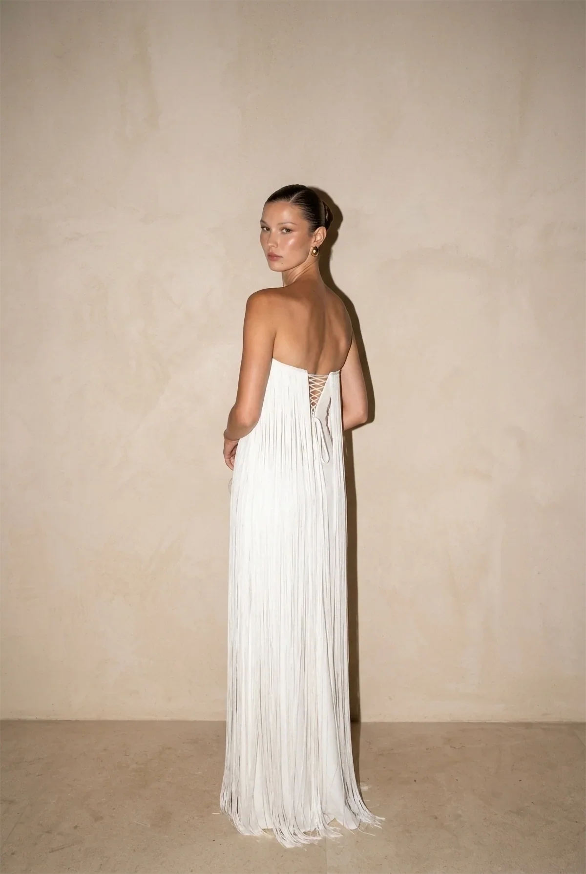 White Strapless Fringed Pleated Maxi Dress