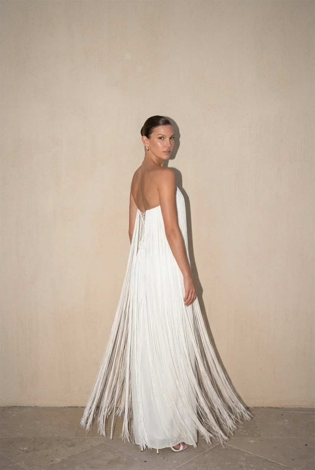 White Strapless Fringed Pleated Maxi Dress