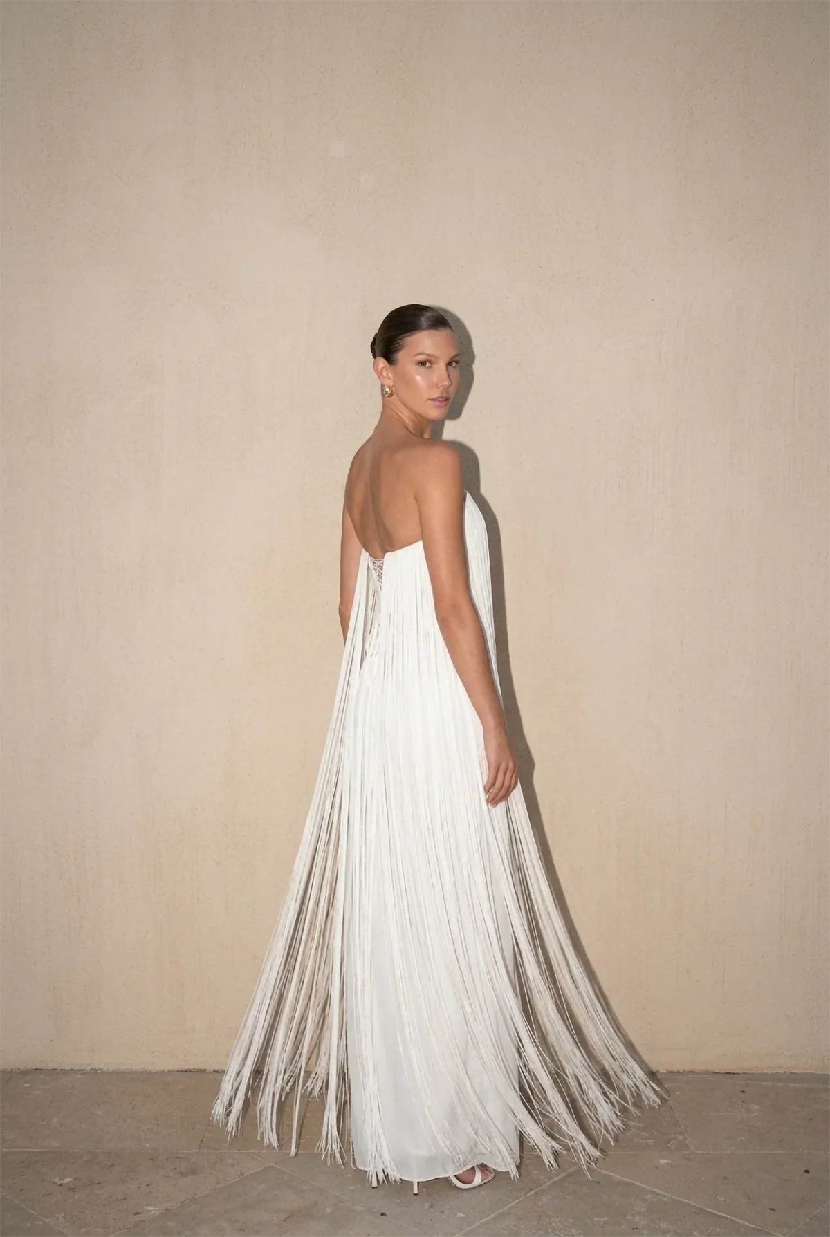 White Strapless Fringed Pleated Maxi Dress