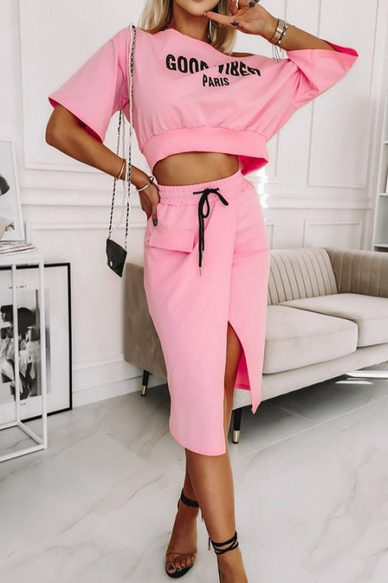 Champagne Wrap Letter Oblique Collar Skirt Set