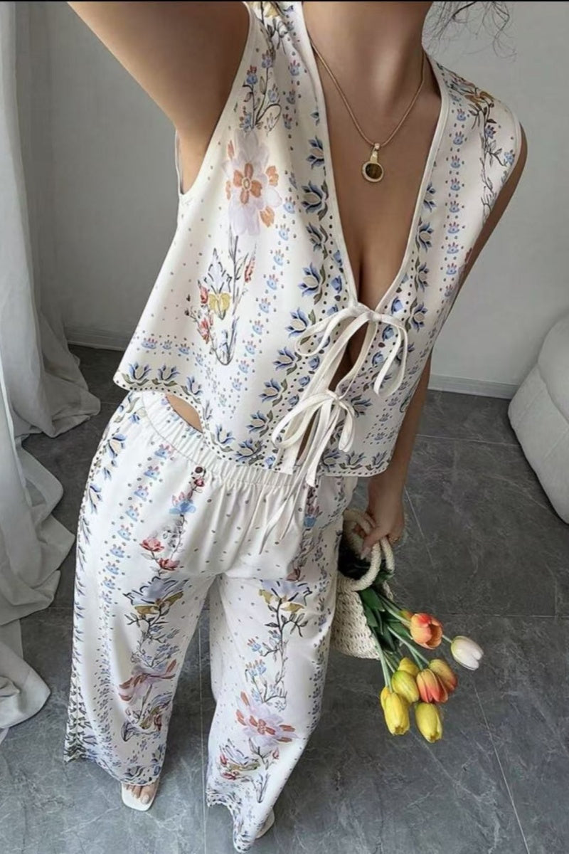 Tie-Up Vest & Wide-Leg Pants Set - Sky Blue Print