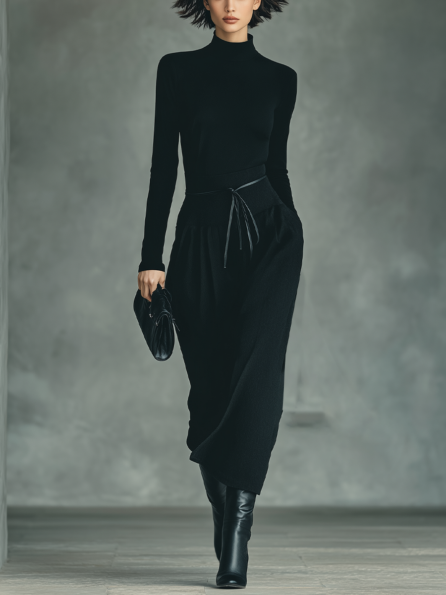 Black High-Stretch Knit Top Skirt Set