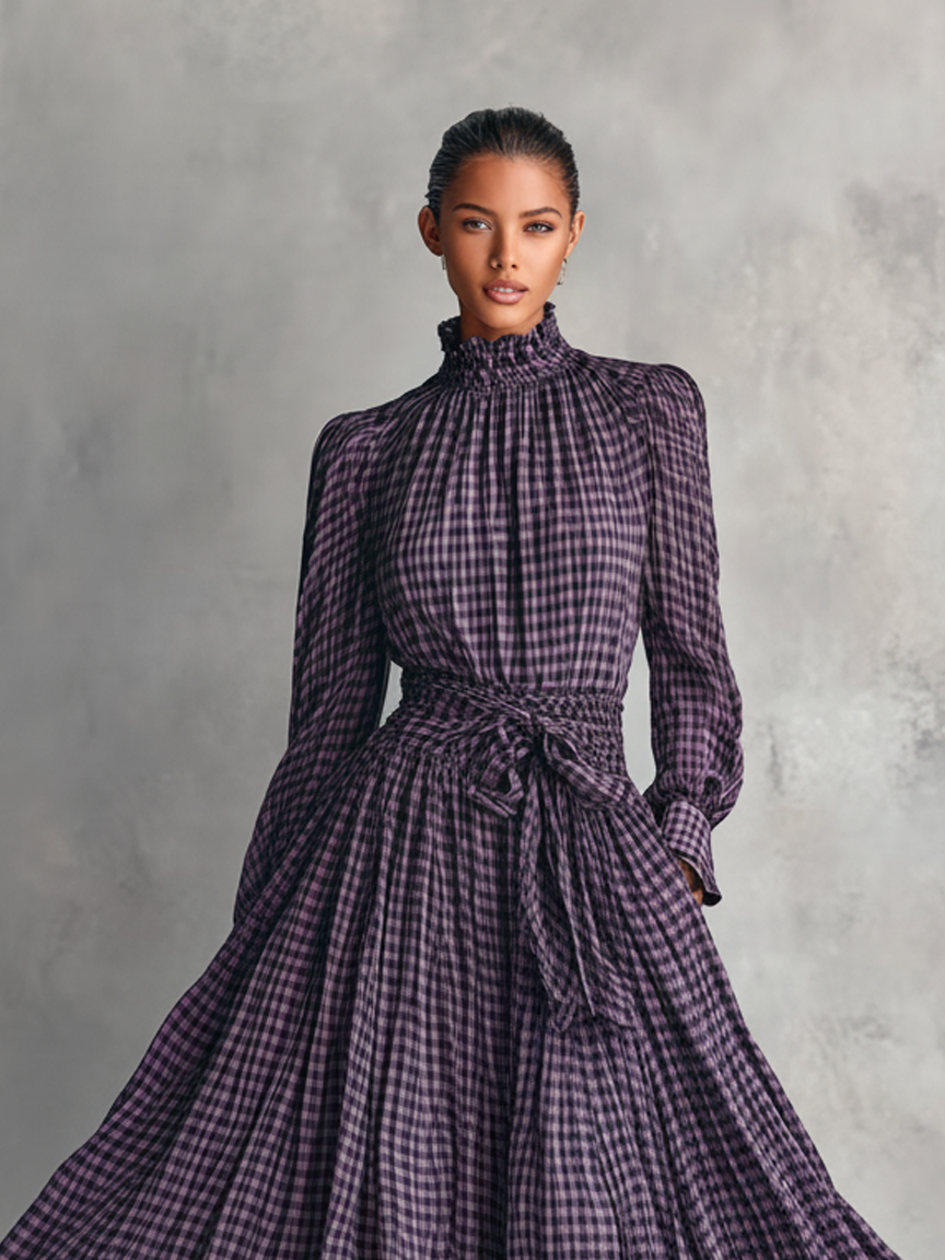 Plaid Blended Half-high Collar Blouse Skirt Set