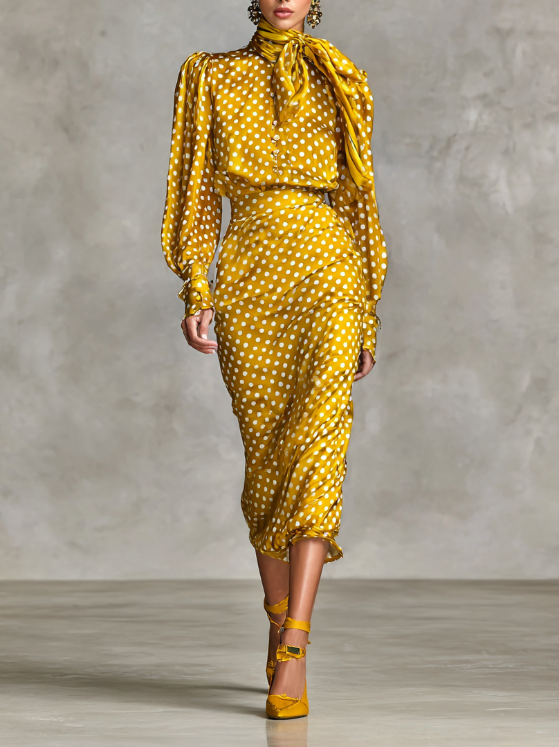 Satin Polka Dot Print Shirt Skirt Two-Piece Set