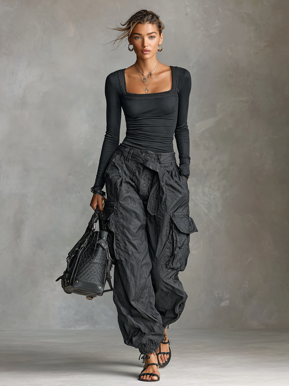 Square Neck Long Sleeve T-Shirt Two-Piece Set