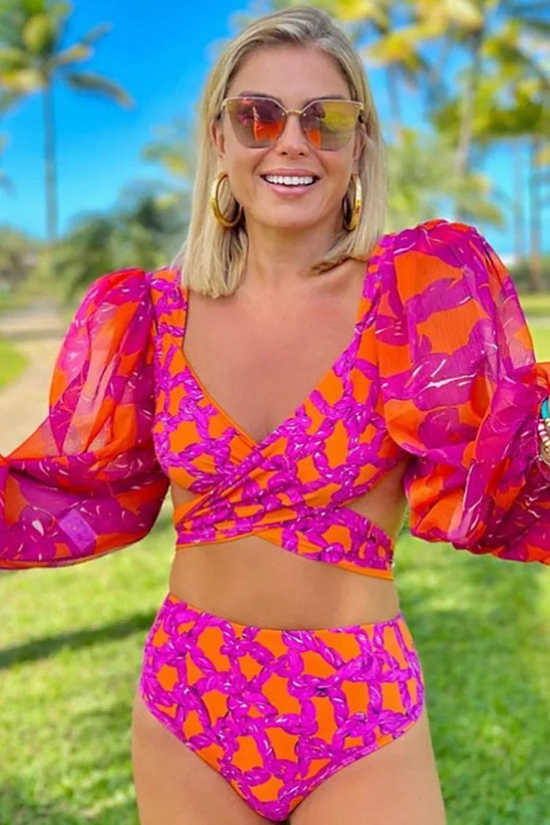 Long-Sleeve Tie-Up Printed Swimsuit Set