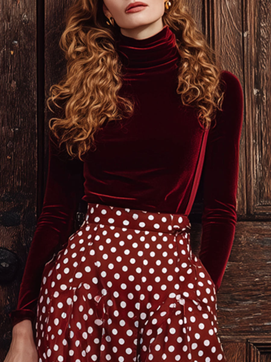 Burgundy Velvet Turtleneck Polka Dot Skirt Set