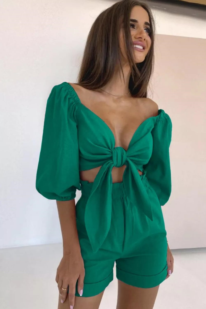 Linen Wrap Front Puff Sleeve Shorts Sets In Green