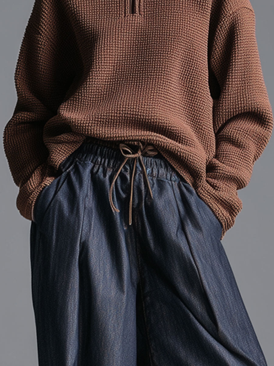 Retro Elastic Waist Navy Blue Lantern Jeans