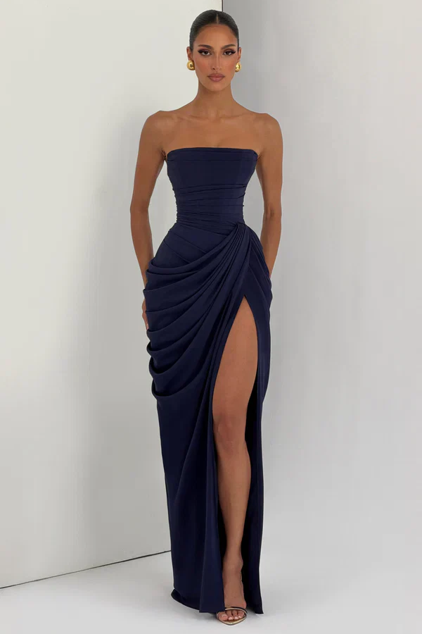 Corset Style Draped Navy Maxi Dress