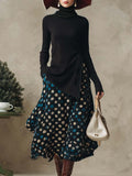 Black Top Blue Satin Polka Dot Printed Skirt Set