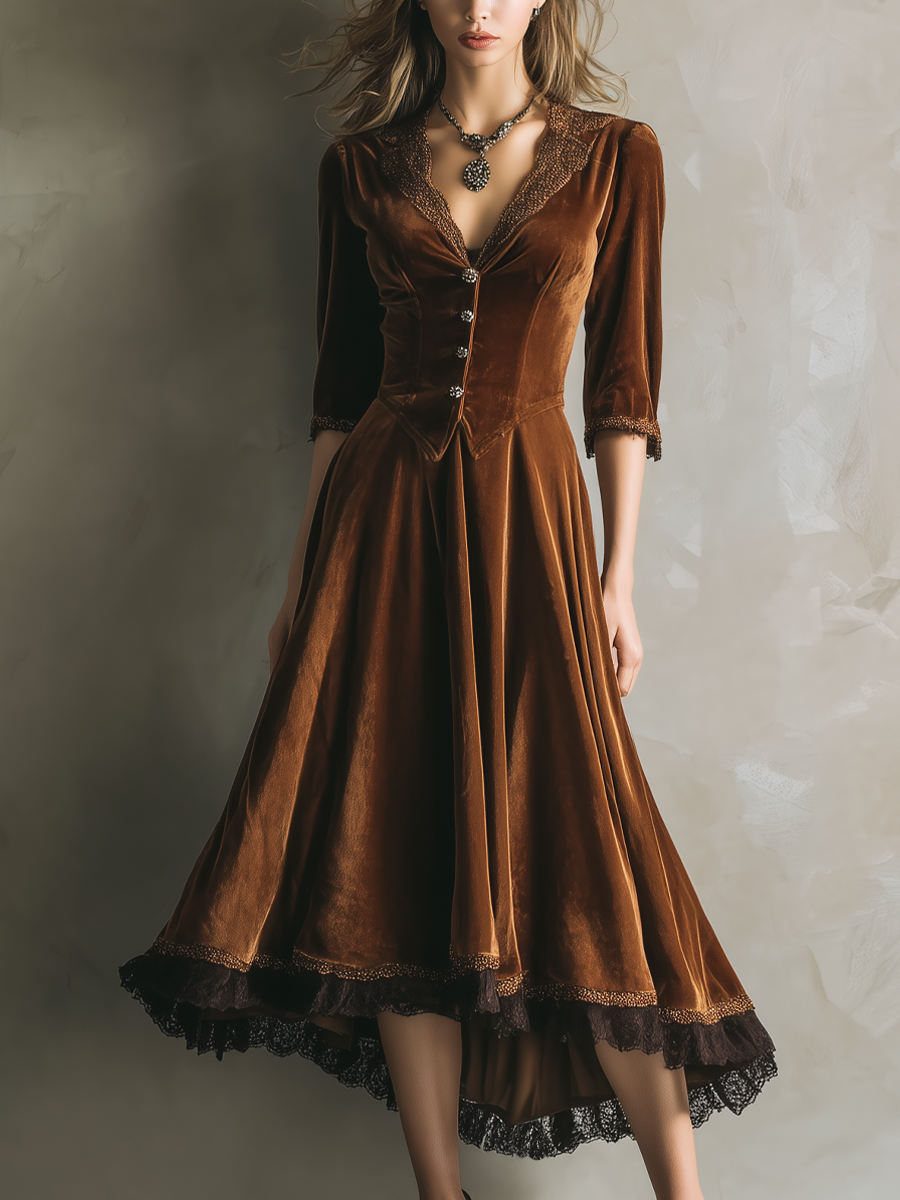 Vintage Three-Quarter Lace Velvet Midi Dress