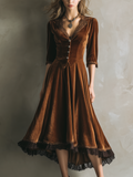 Vintage Three-Quarter Lace Velvet Midi Dress