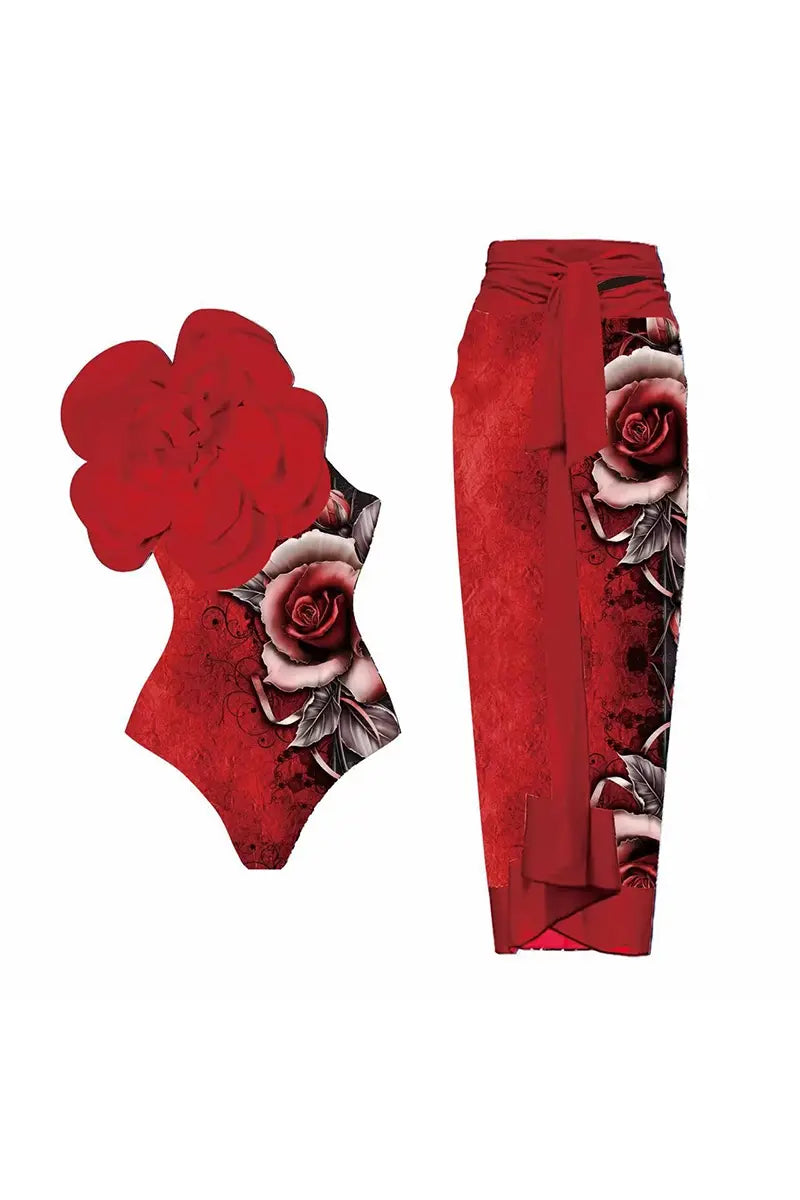 3D Red Floral Bust Accent Printed Swimsuit