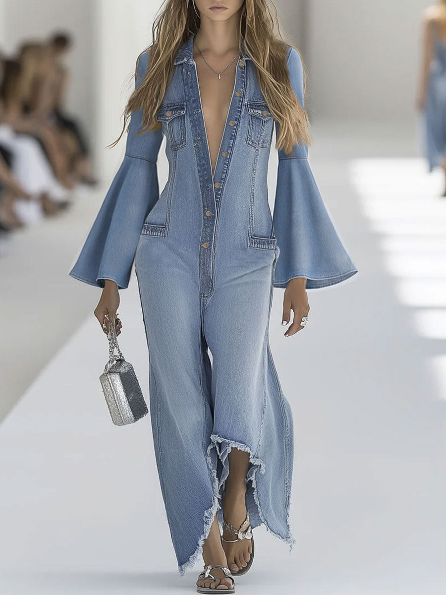 Retro Light Blue Denim Flared Wide-Leg Jumpsuit