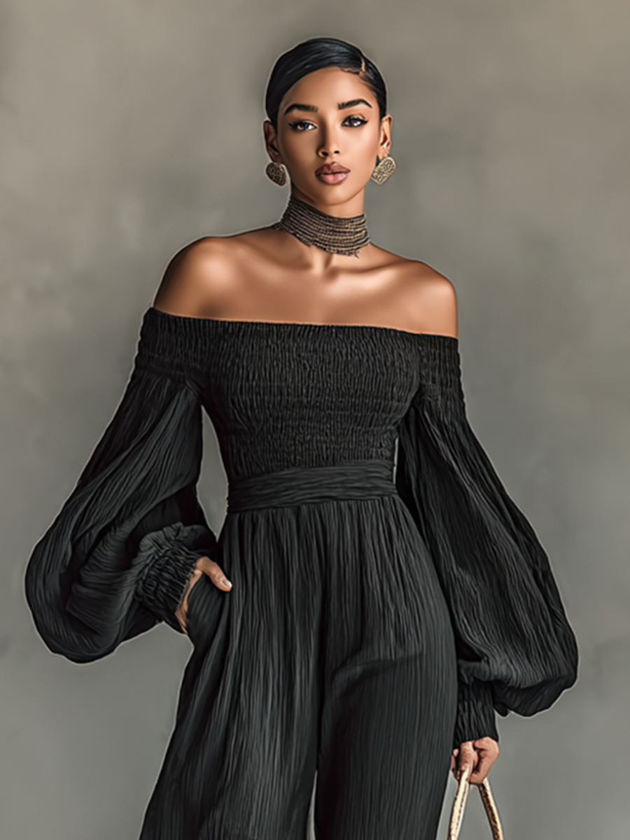 Off-the-shoulder Long-sleeved Pleated Jumpsuit