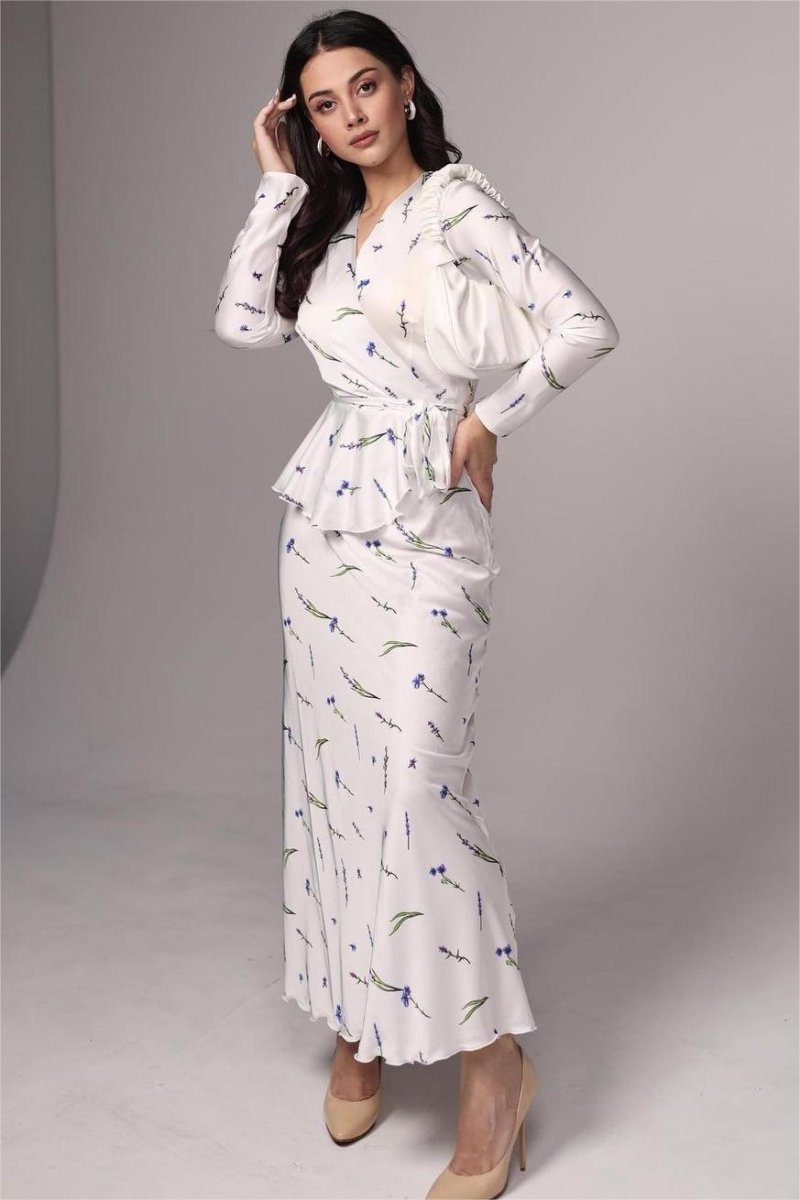 Eileen Floral Wrap Lace-Up Blouse Maxi Skirt Set