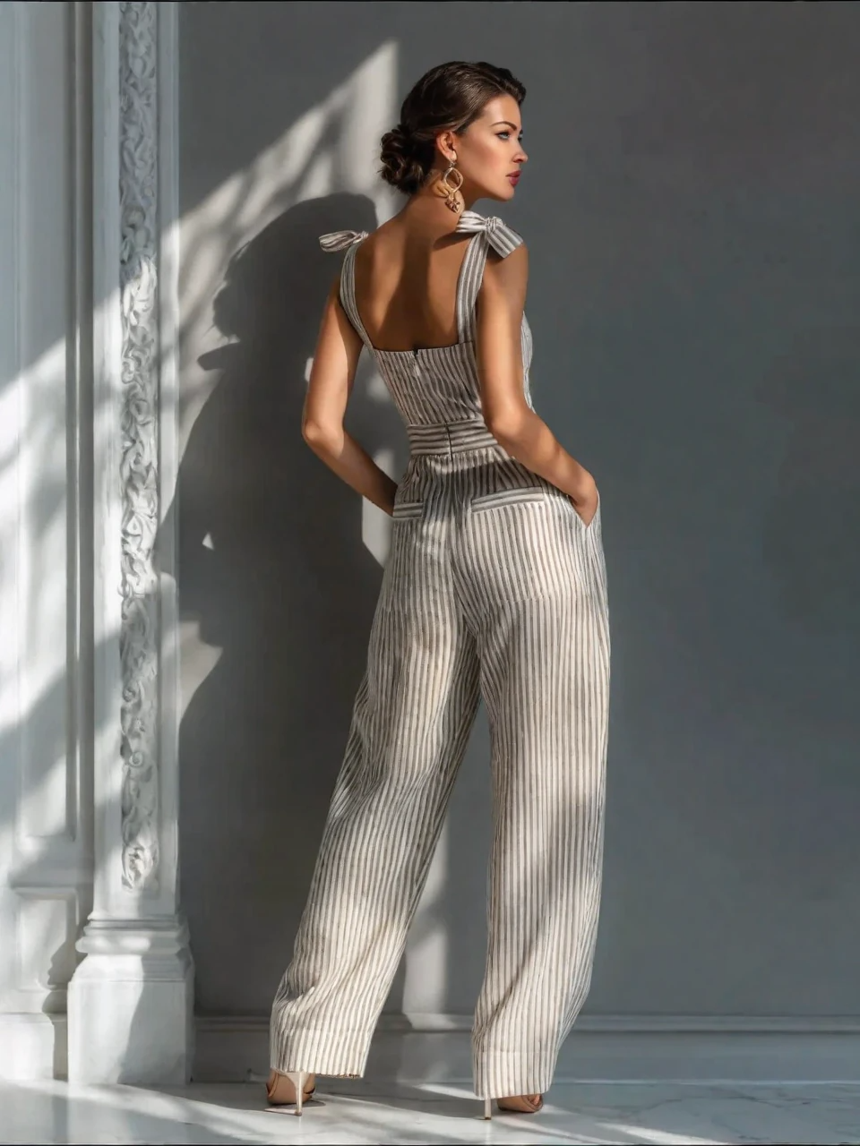 Beige Stripe Linen Tie-Shoulder Wide-Leg Jumpsuit