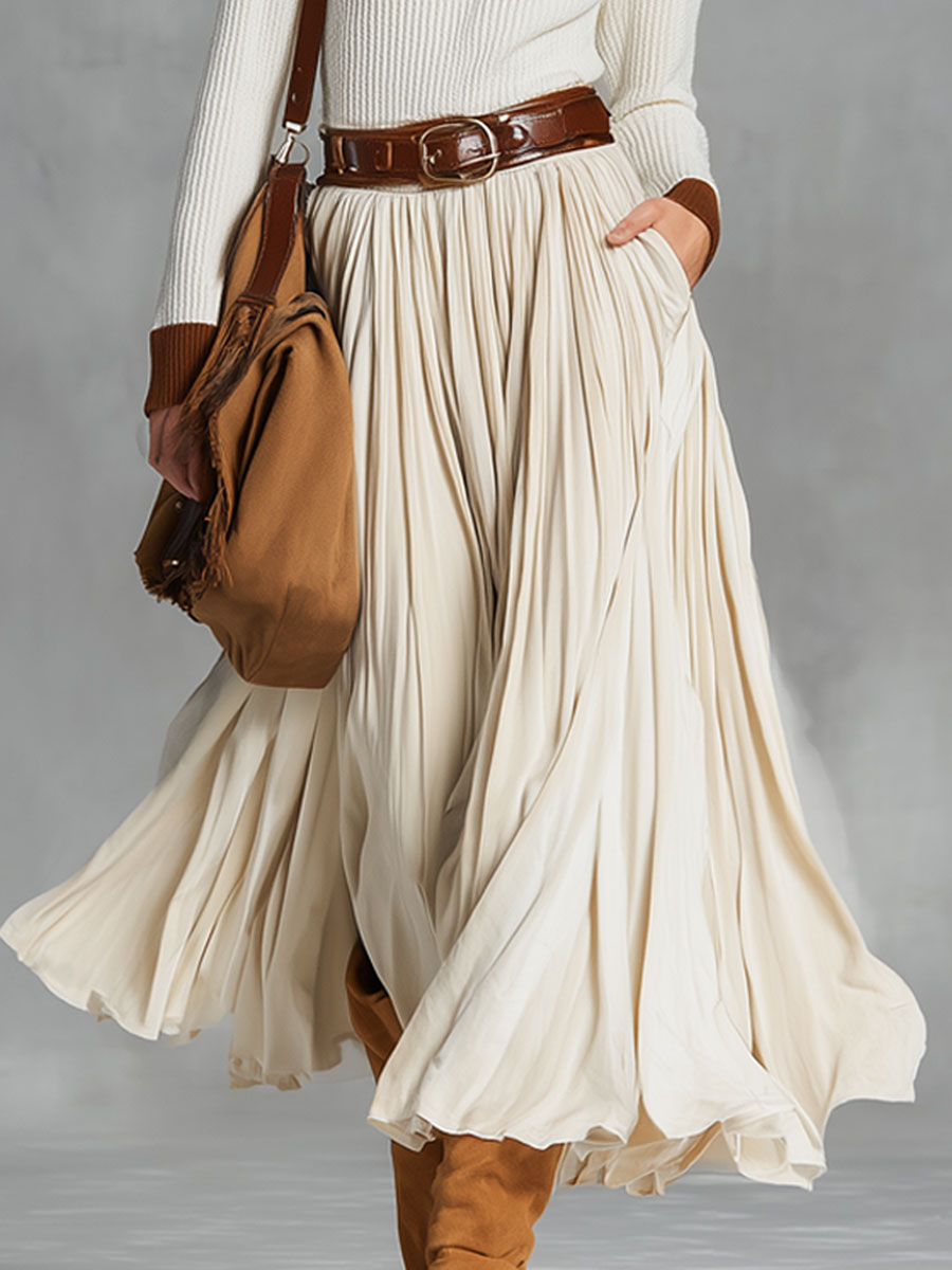 Simple Beige Velvet Lace-up Pocket Skirt
