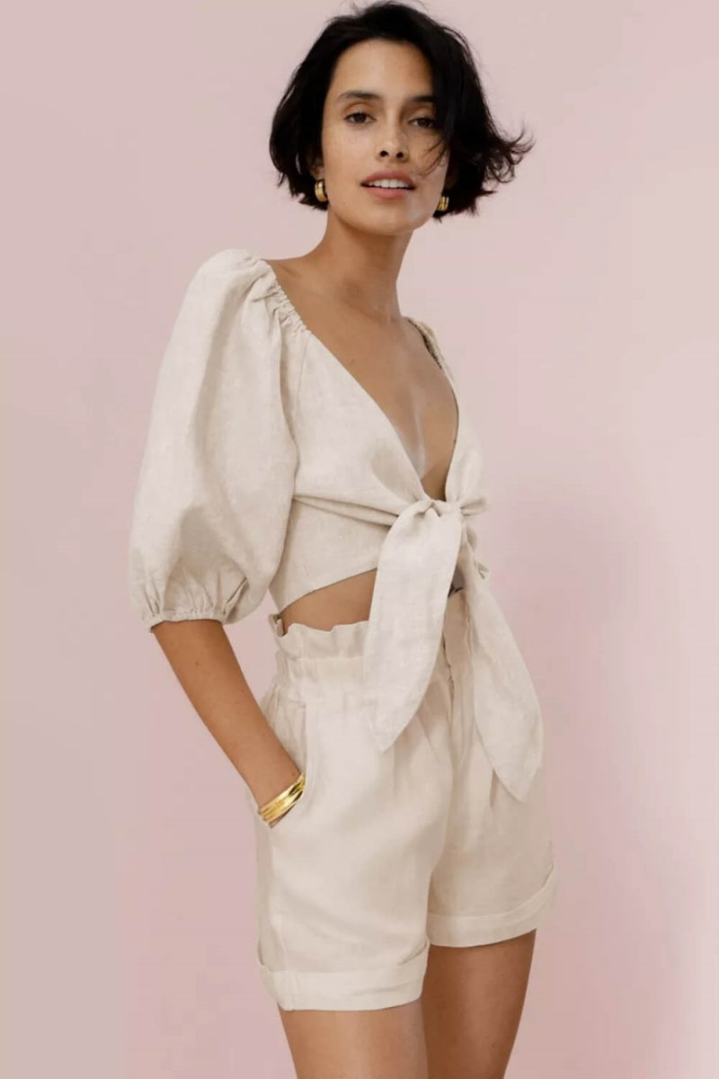 Linen Wrap Front Puff Sleeve Shorts Sets In Khaki