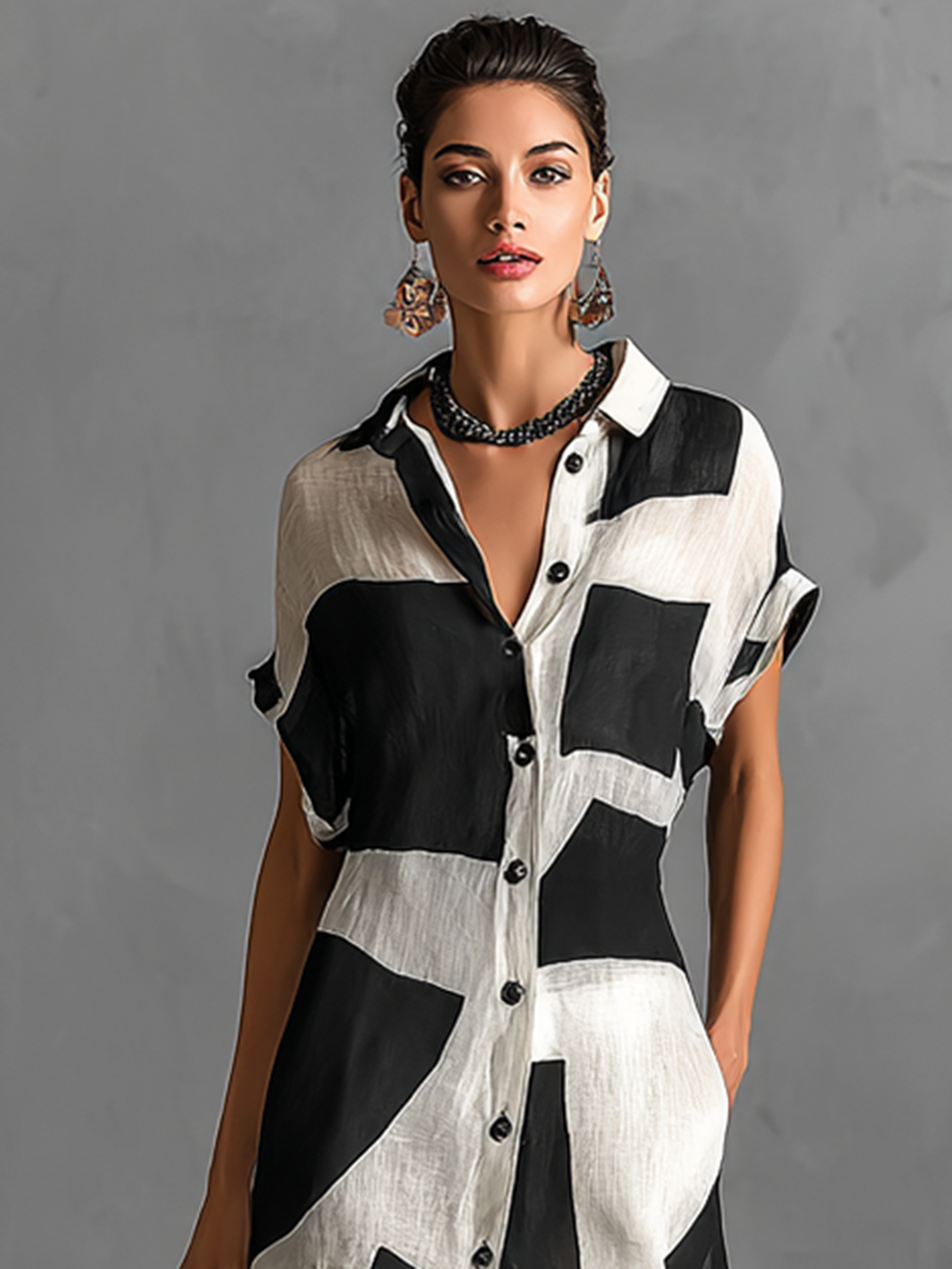 Cotton-Linen Geometric Print Maxi Shirt Dress