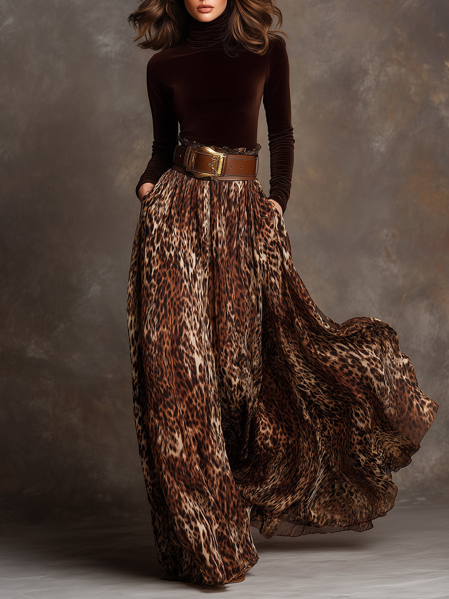 Turtleneck Velvet Top & Leopard Print Skirt Set