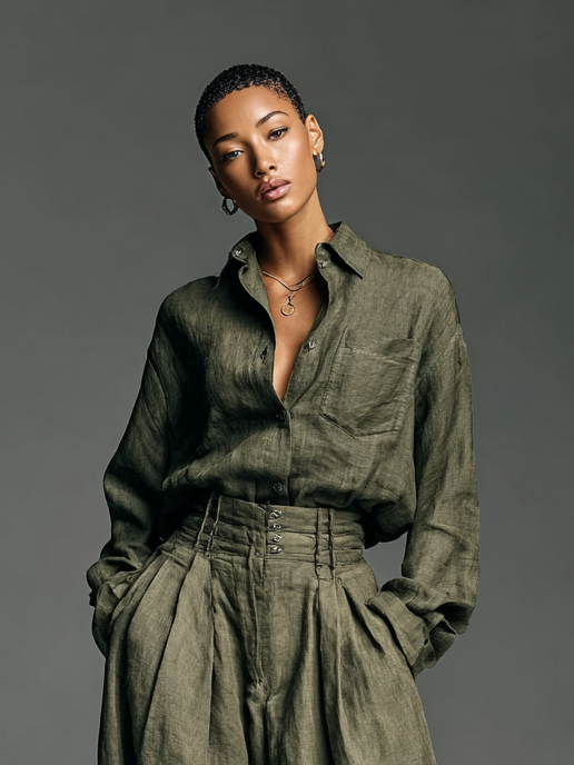 Cotton Linen Long Sleeve Shirt Two-Piece Set