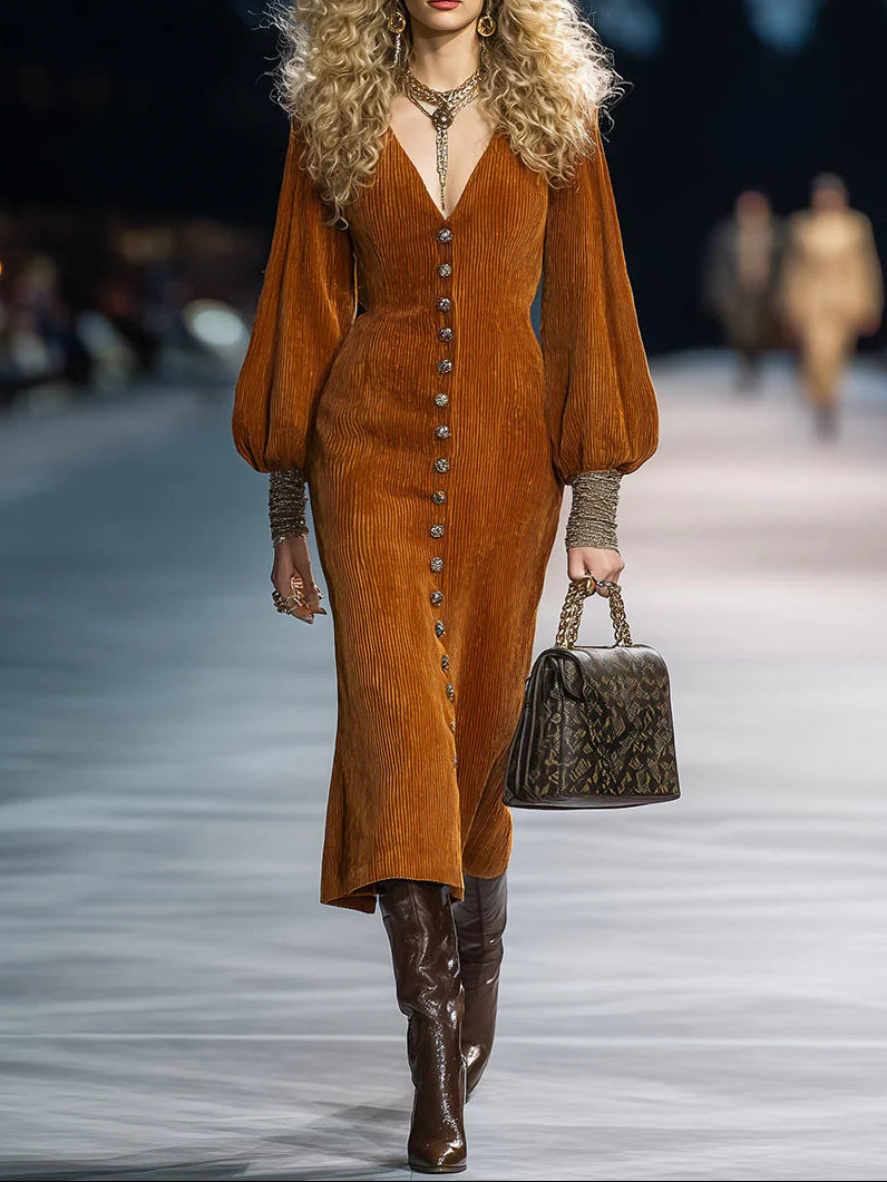 Vintage Puff Sleeve Brown Corduroy Midi Dress