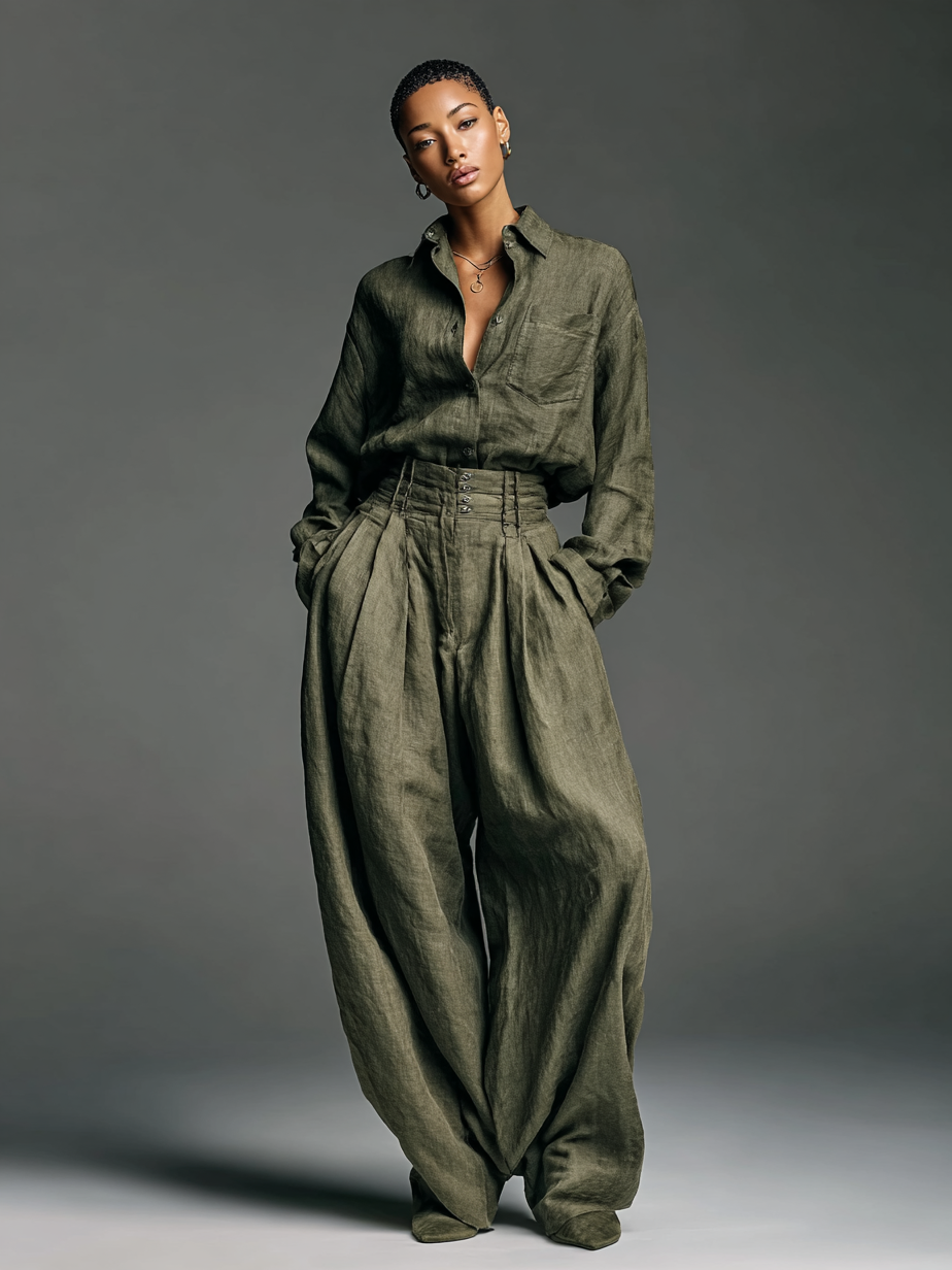 Cotton Linen Long Sleeve Shirt Two-Piece Set
