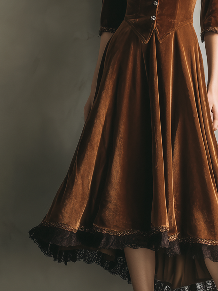 Vintage Three-Quarter Lace Velvet Midi Dress