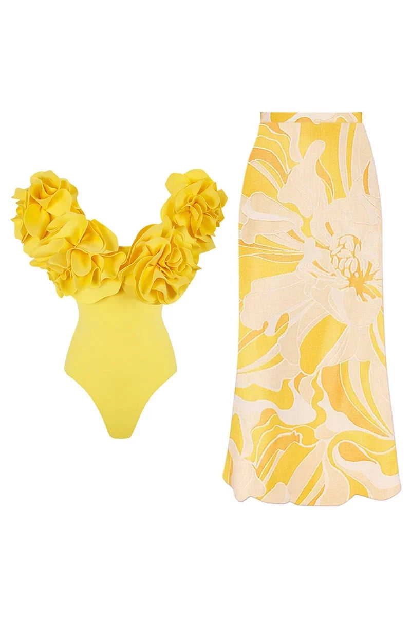 3D Floral Strapless Solid One-Piece Swimsuit