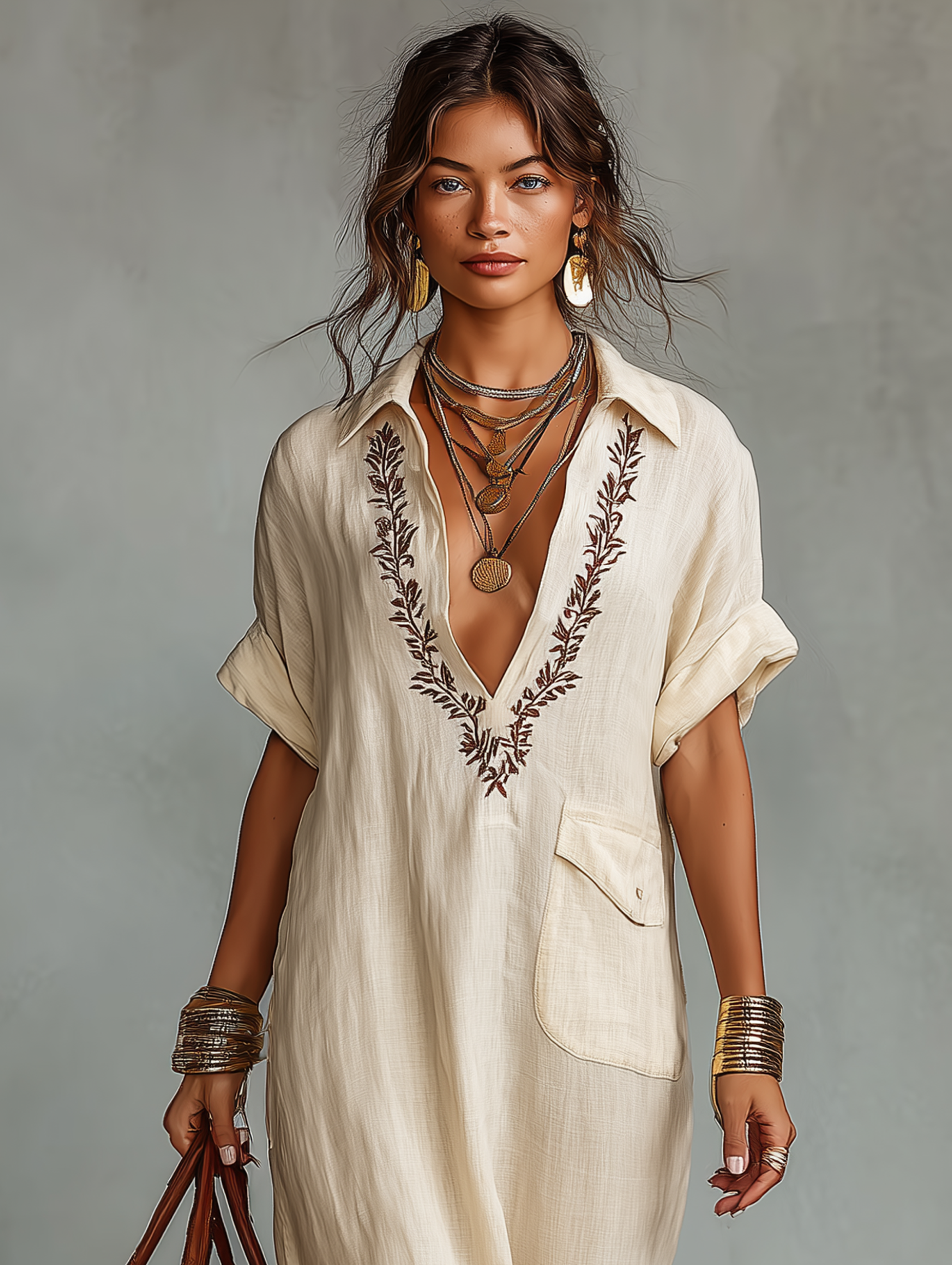Minimalist Linen Embroidered Shirt Maxi Dress
