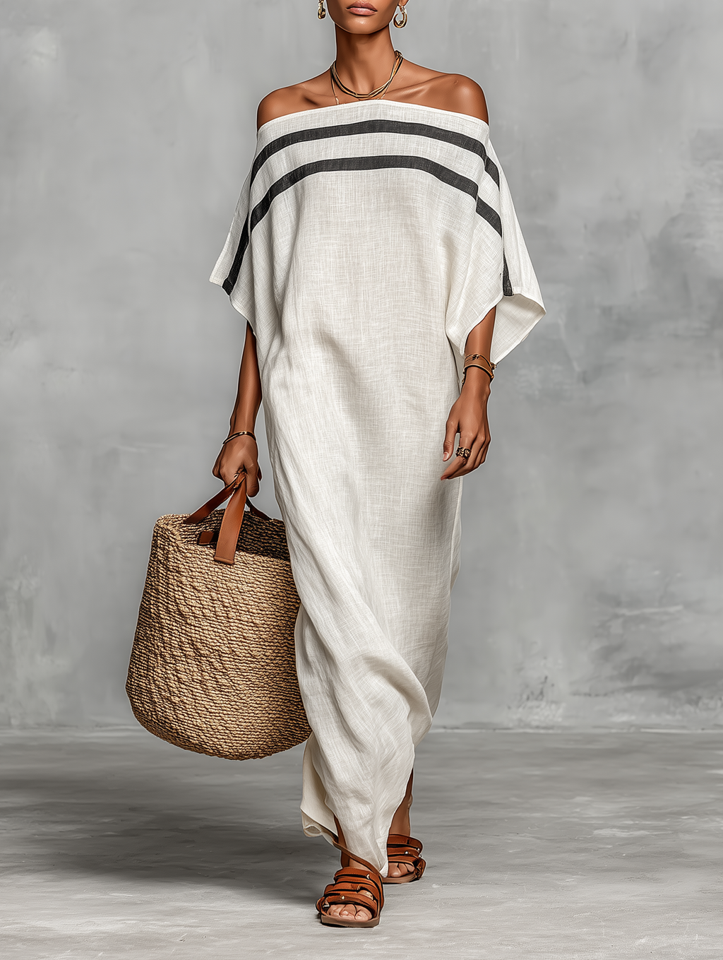 Minimalist Linen Off-Shoulder Batwing Maxi Dress