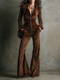 Velvet Leopard Print Stand Collar Top & Pants Set