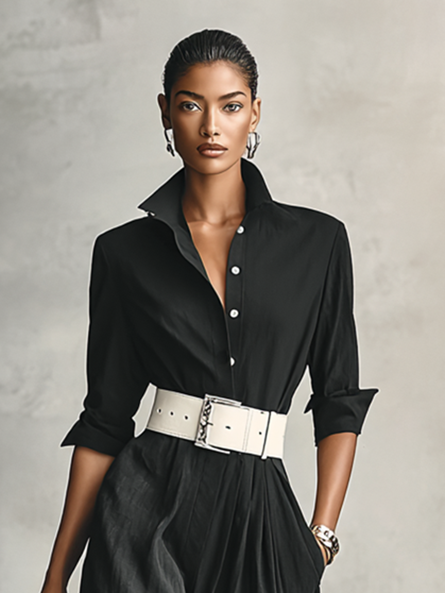 Lapel Single Breasted Long Sleeve Belted Jumpsuit