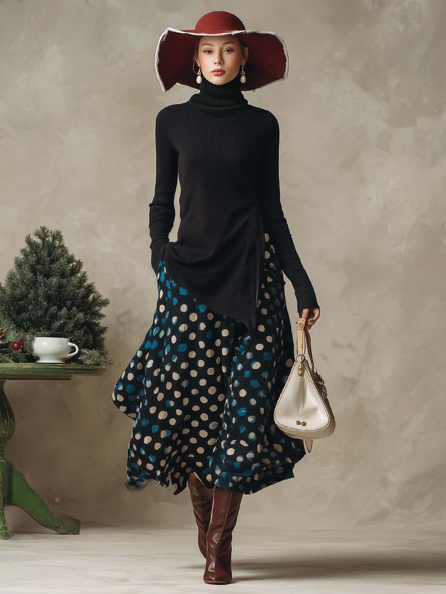 Black Top Blue Satin Polka Dot Printed Skirt Set