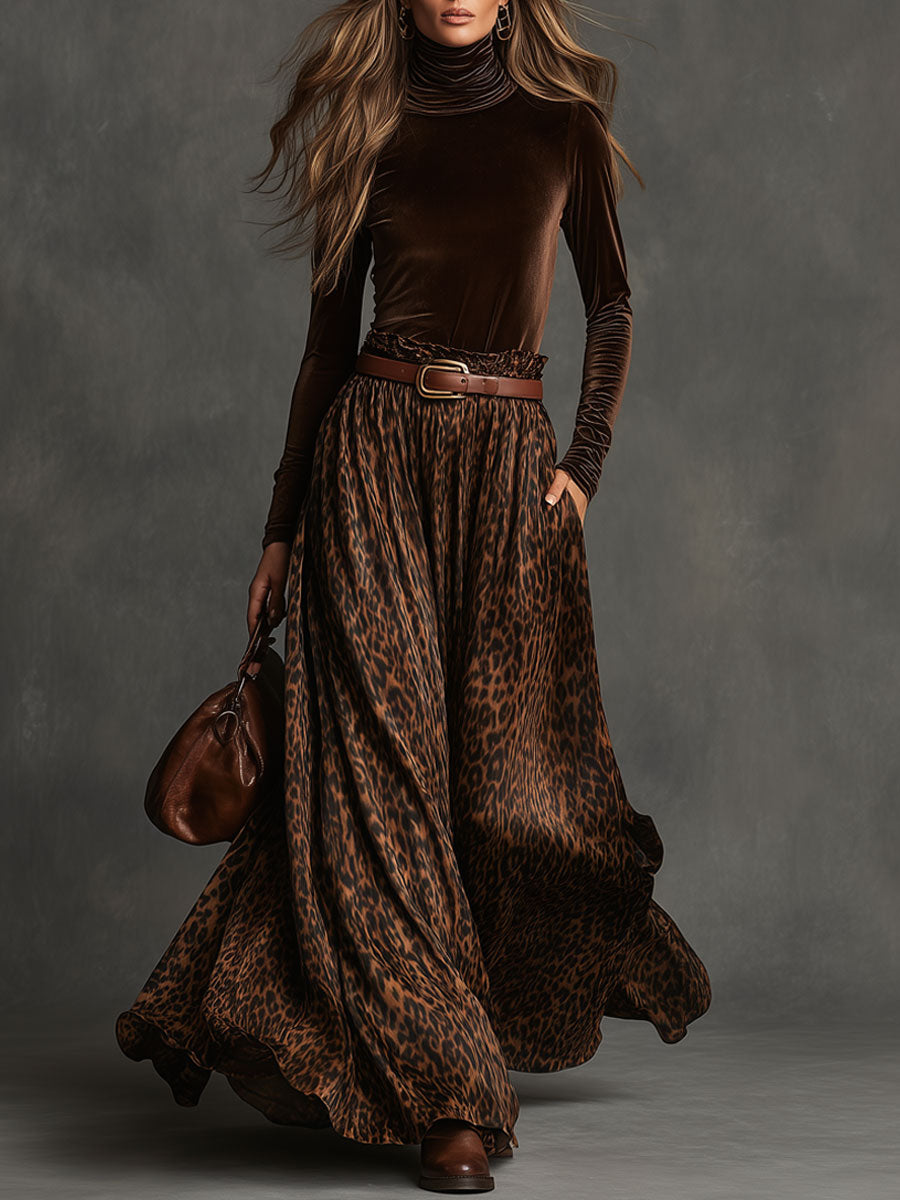 Turtleneck Velvet Top Leopard Print Skirt Set