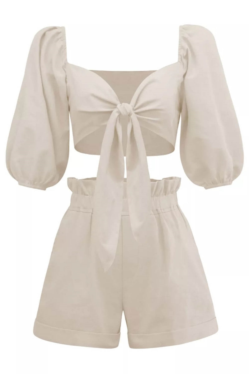 Linen Wrap Front Puff Sleeve Shorts Sets In Khaki